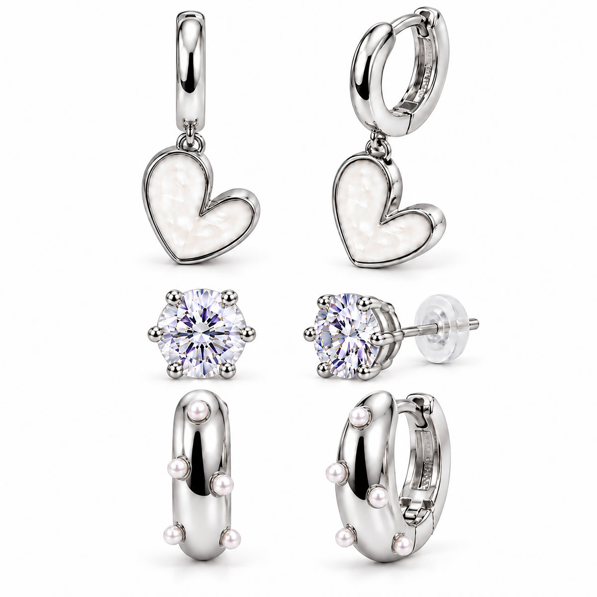 Moon Dust Rhodium Silver Plated Pearl & CZ Huggie Earring Stack Stud Combo of 3 for Women (MD_109_S)