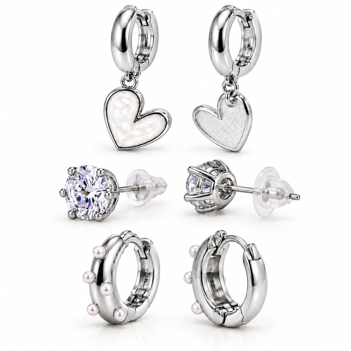 Moon Dust Rhodium Silver Plated Pearl & CZ Huggie Earring Stack Stud Combo of 3 for Women (MD_109_S)