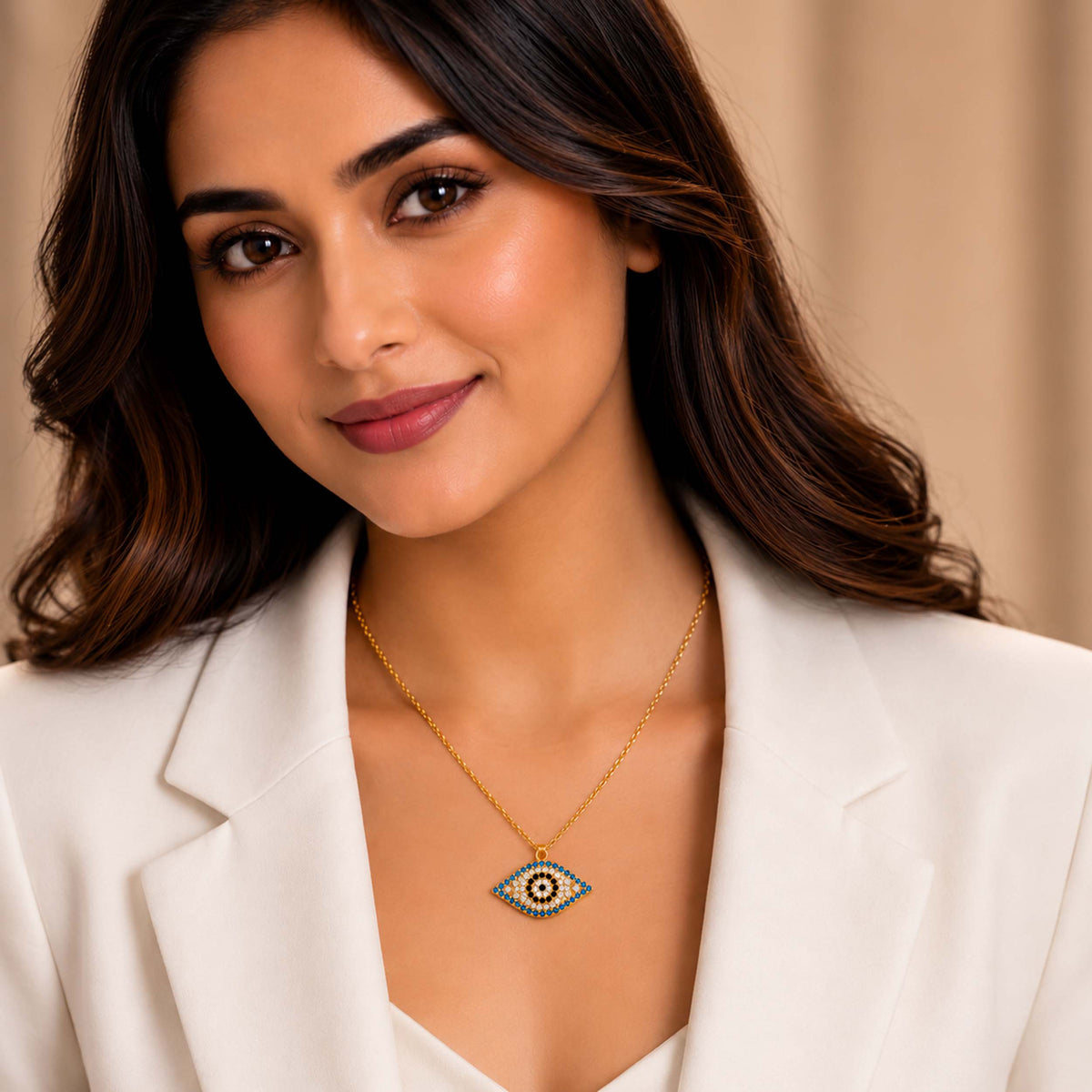 Gold Plated CZ Studded American Diamond Evil Eye Necklace For Girls, Teens & Women (MD_2101)