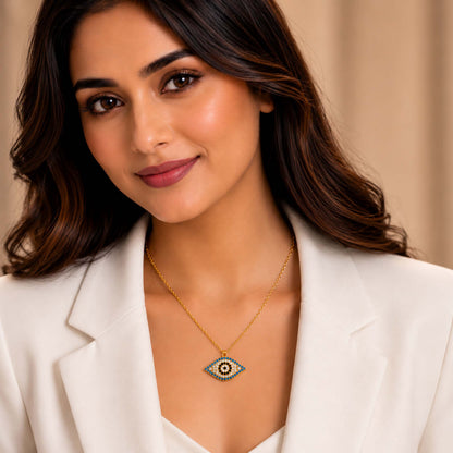 Gold Plated CZ Studded American Diamond Evil Eye Necklace For Girls, Teens & Women (MD_2101)