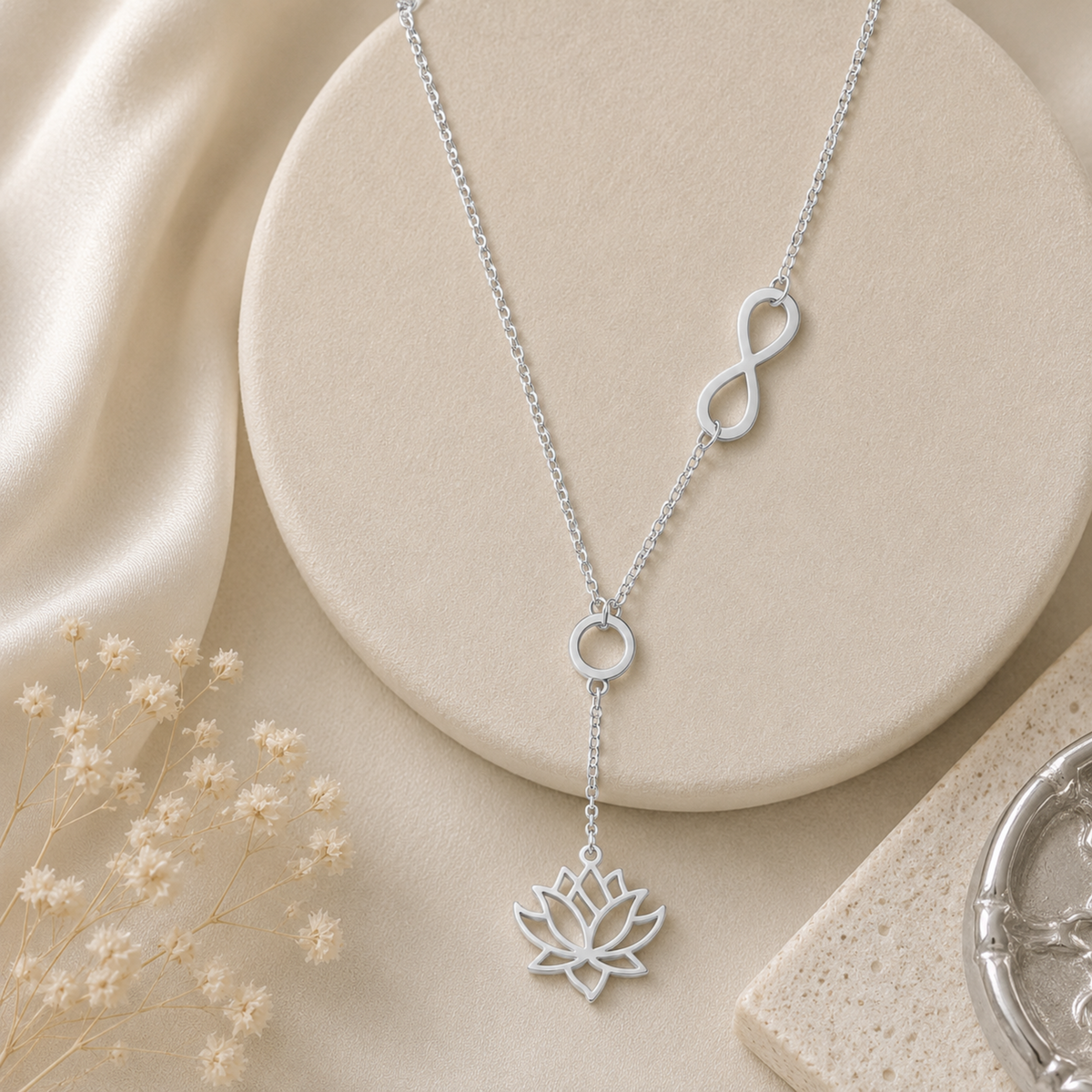 Silver Plated Stylish Designer Adjustable and Delicate Lotus & Infinity Necklace Pendant For Girls, Teens & Women (MD_2116)