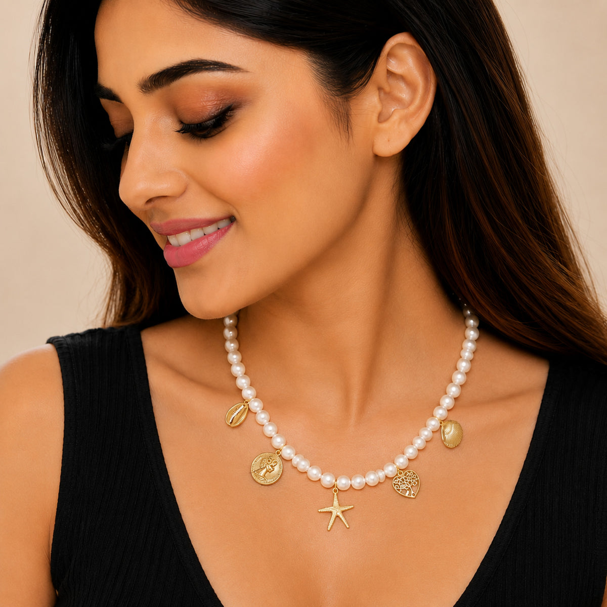 Gold Plated Stylish Designer Adjustable and Delicate Pearl Necklace with Charms For Girls, Teens & Women (MD_2135)