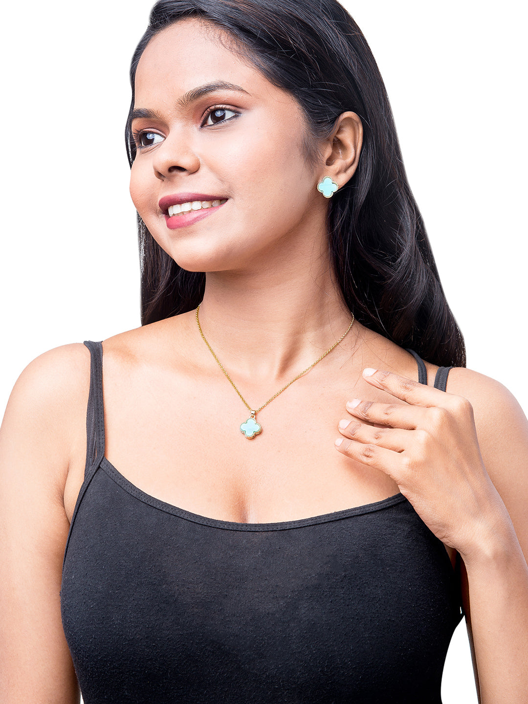 Moon Dust Gold Plated Designer Flower Clover Pendant With Matching Earring For Girls, Teens & Women