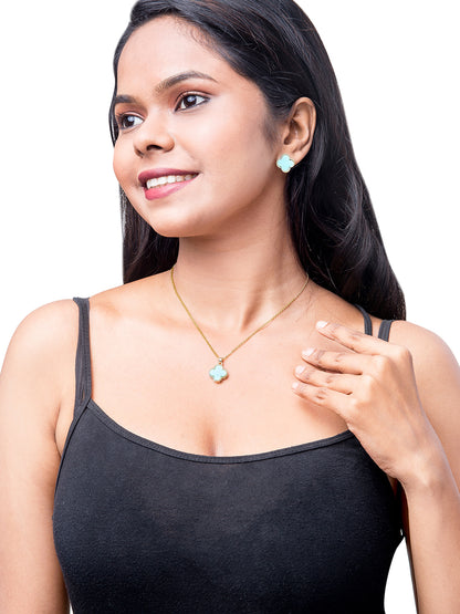Moon Dust Gold Plated Designer Flower Clover Pendant With Matching Earring For Girls, Teens & Women