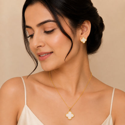 Moon Dust Gold Plated Designer Flower Clover Pendant With Matching Earring For Girls, Teens & Women