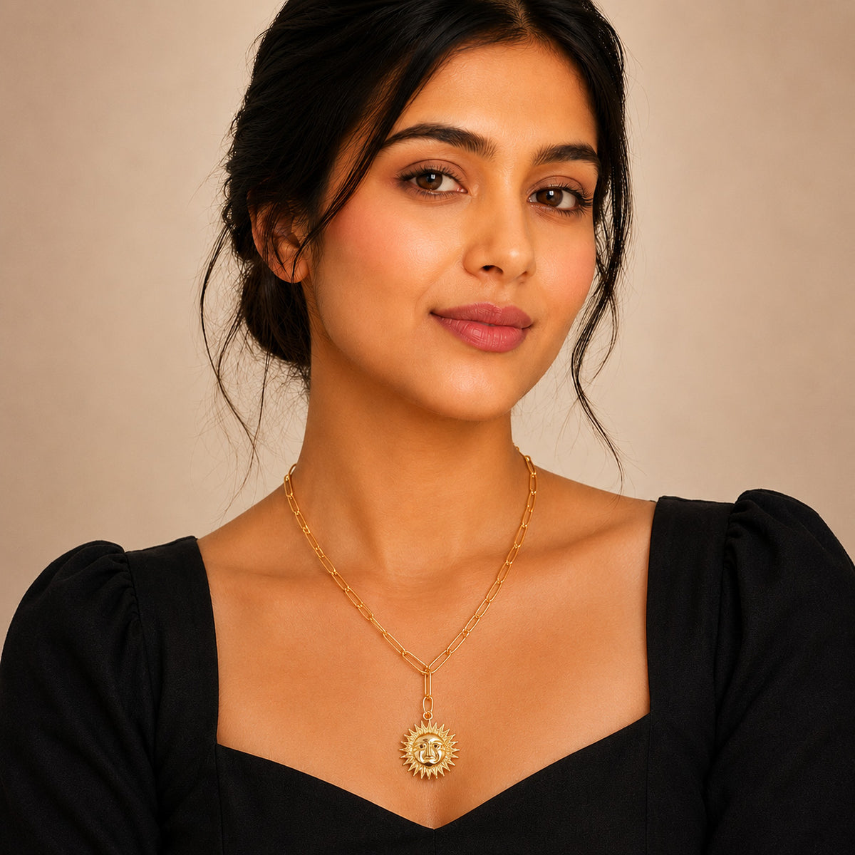 Gold Plated Plated CZ Studded American Diamond Sun Pendant Necklace For Girls, Teens & Women (MD_2147)