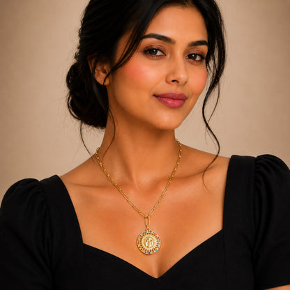 Gold Plated Plated CZ Studded American Diamond Sun Pendant Necklace For Girls, Teens & Women (MD_2148)