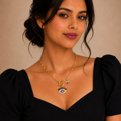 Gold Plated Plated CZ Studded American Diamond Evil Eye Pendant Necklace For Girls, Teens & Women (MD_2151)