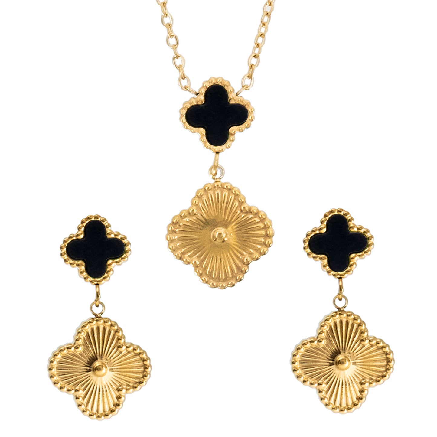 MOONDUST Gold Plated Onyx Alhambra Clover Necklace Earrings Jewellery Set For Women
