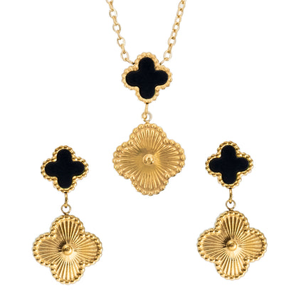 MOONDUST Gold Plated Onyx Alhambra Clover Necklace Earrings Jewellery Set For Women