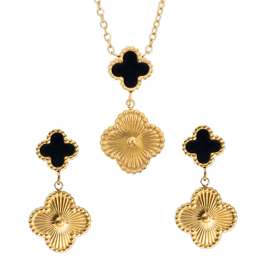 MOONDUST Gold Plated Onyx Alhambra Clover Necklace Earrings Jewellery Set For Women
