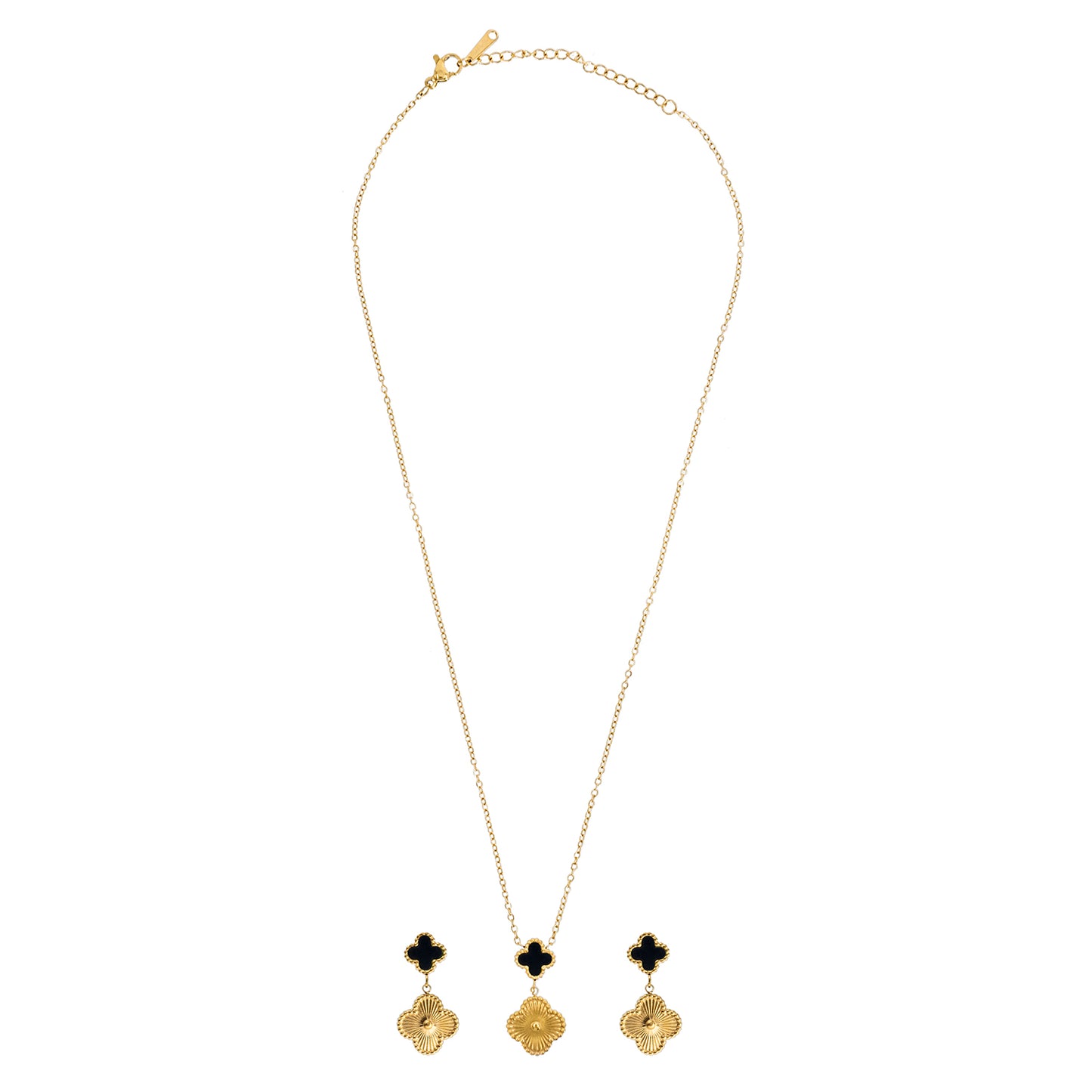 MOONDUST Gold Plated Onyx Alhambra Clover Necklace Earrings Jewellery Set For Women