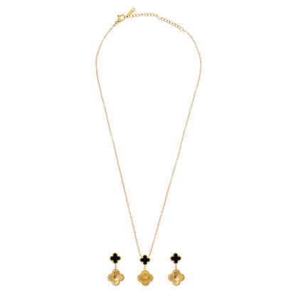 MOONDUST Gold Plated Onyx Alhambra Clover Necklace Earrings Jewellery Set For Women