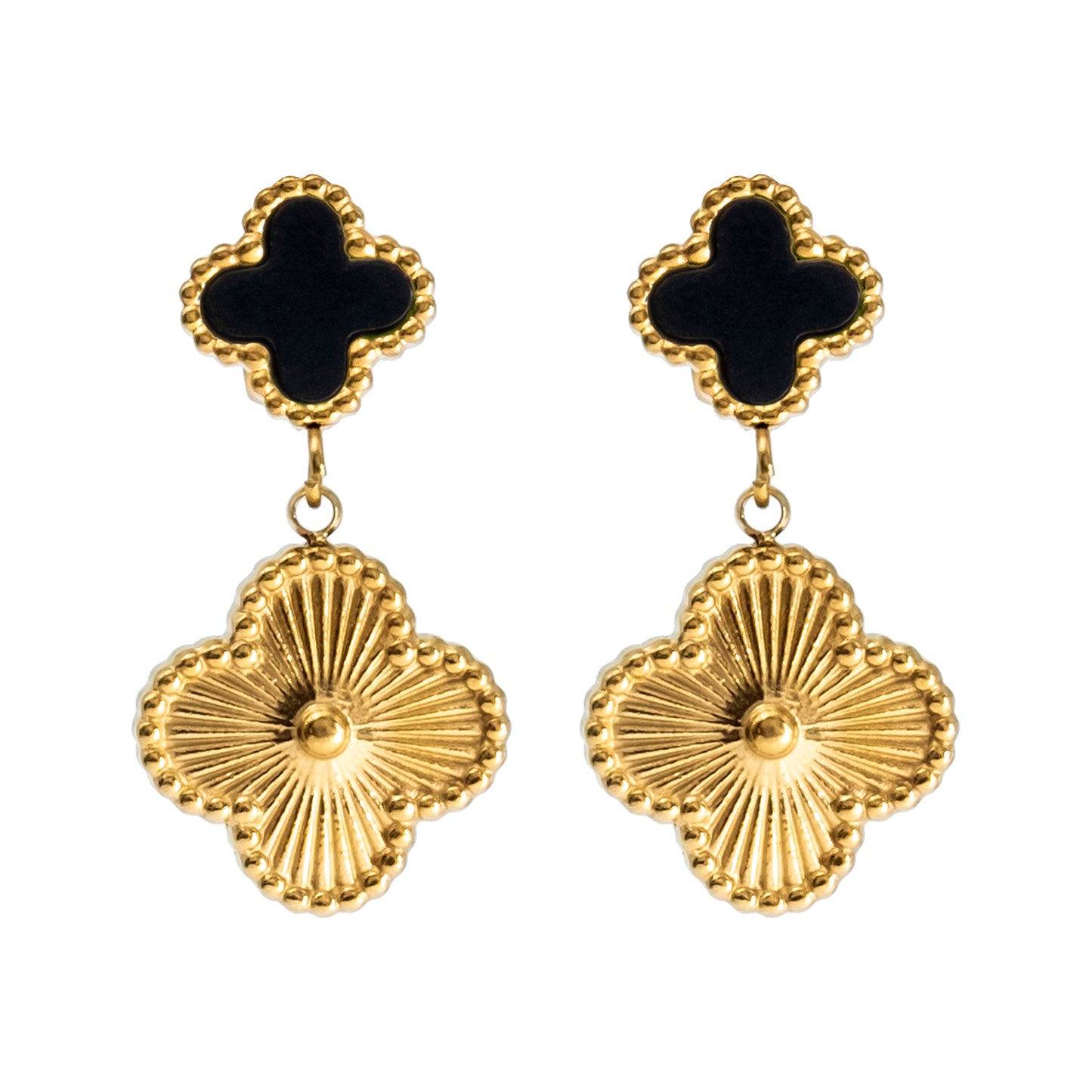 MOONDUST Gold Plated Onyx Alhambra Clover Necklace Earrings Jewellery Set For Women