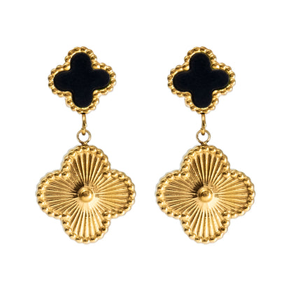 MOONDUST Gold Plated Onyx Alhambra Clover Necklace Earrings Jewellery Set For Women