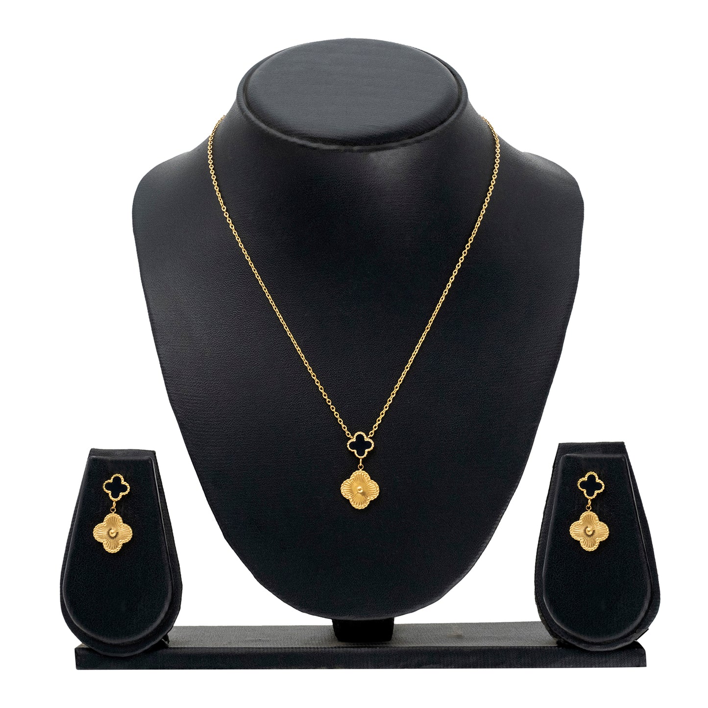 MOONDUST Gold Plated Onyx Alhambra Clover Necklace Earrings Jewellery Set For Women