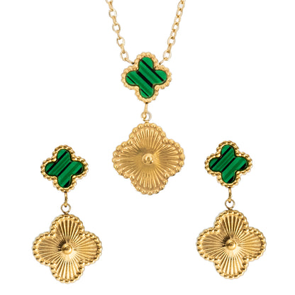 MOONDUST Gold Plated Onyx Alhambra Clover Necklace Earrings Jewellery Set For Women
