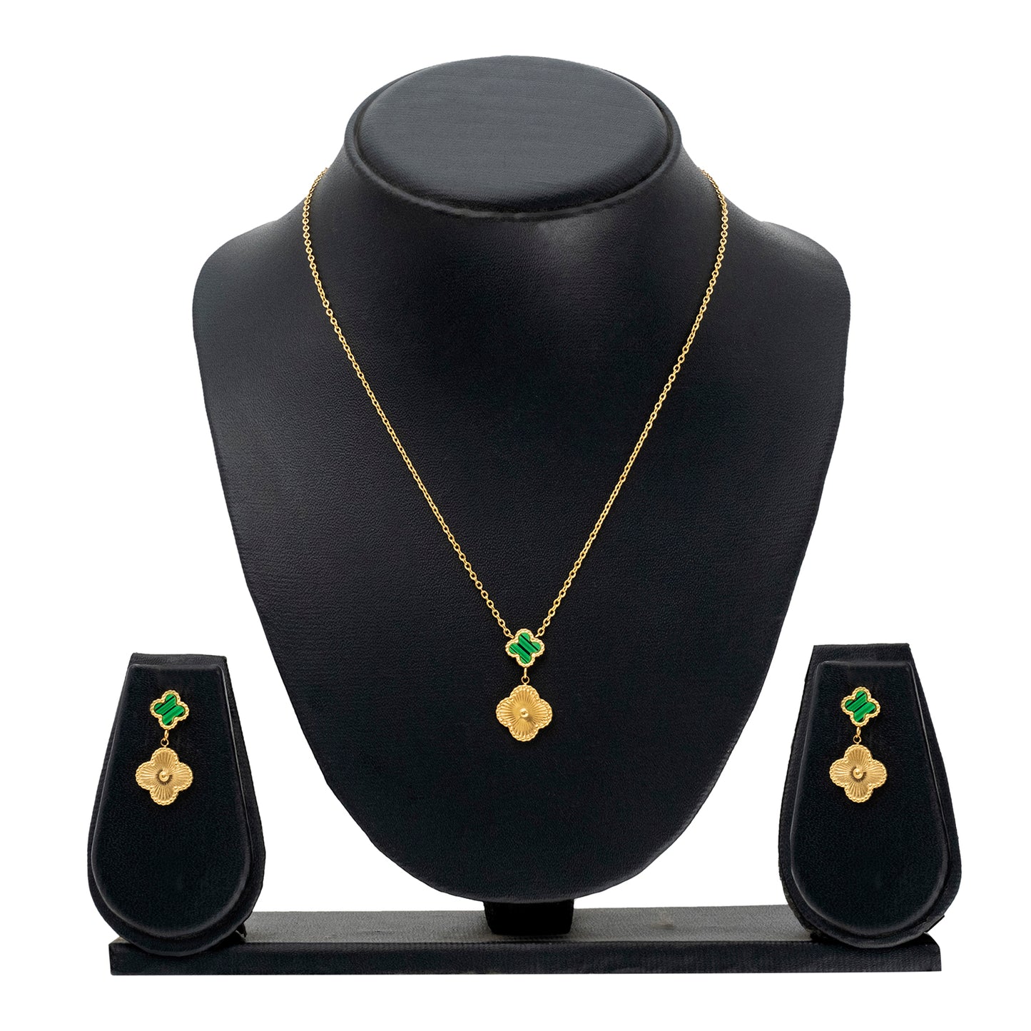 MOONDUST Gold Plated Onyx Alhambra Clover Necklace Earrings Jewellery Set For Women