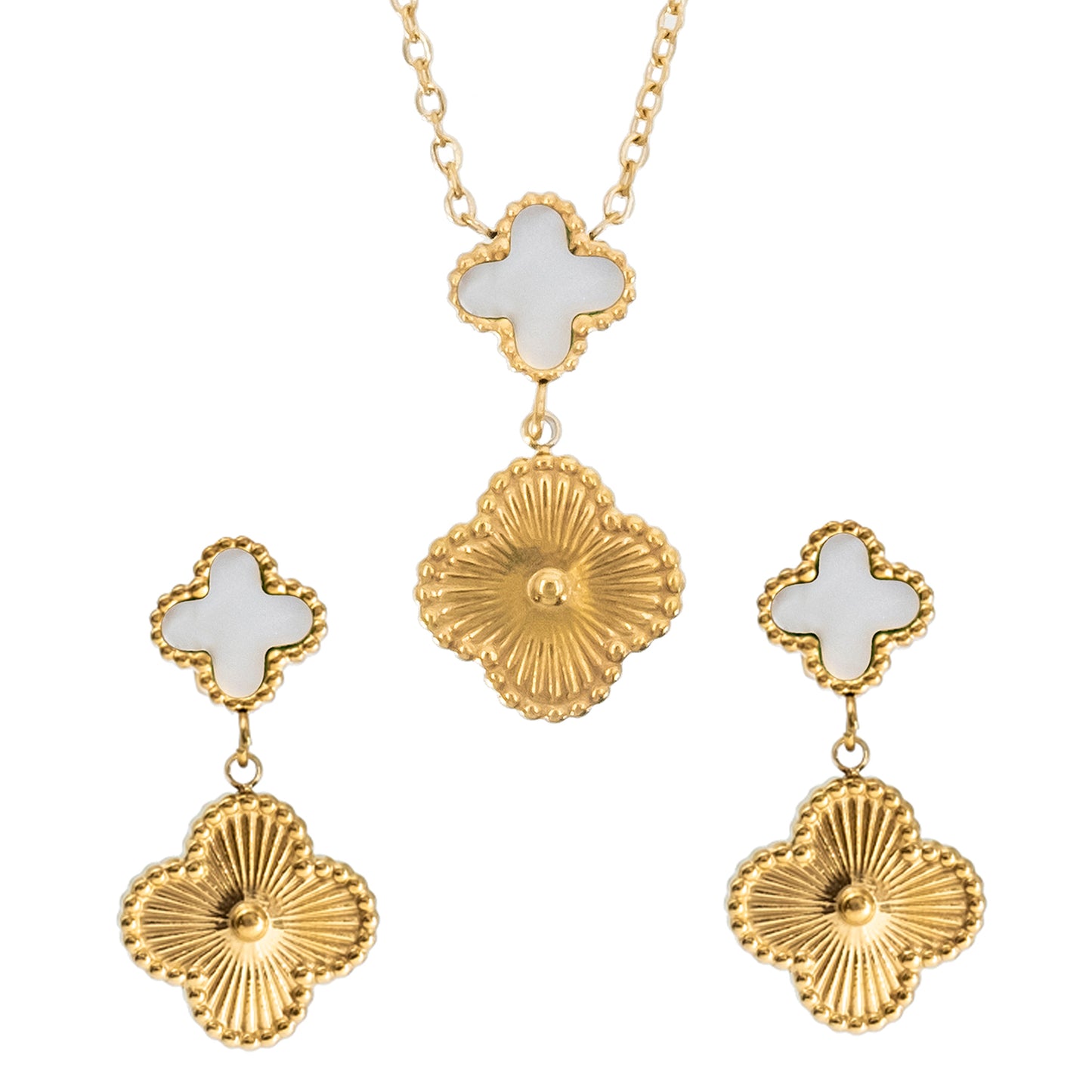 MOONDUST Gold Plated Onyx Alhambra Clover Necklace Earrings Jewellery Set For Women