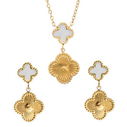 MOONDUST Gold Plated Onyx Alhambra Clover Necklace Earrings Jewellery Set For Women