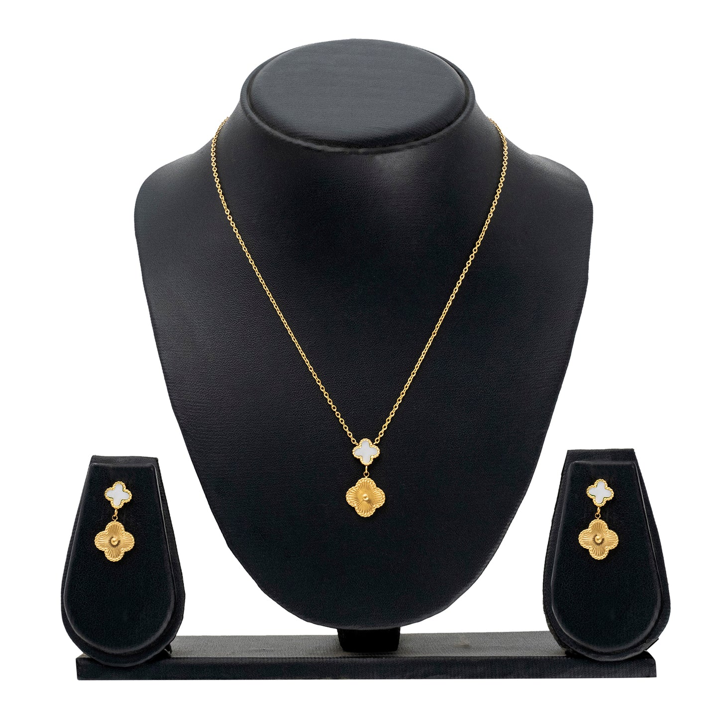MOONDUST Gold Plated Onyx Alhambra Clover Necklace Earrings Jewellery Set For Women