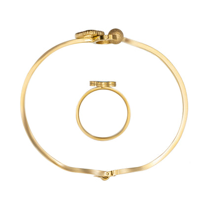 MOONDUST Gold Plated CZ and Crystal Studded Western Style Latest Flower Clover Bracelet and Ring Combo Design For Women