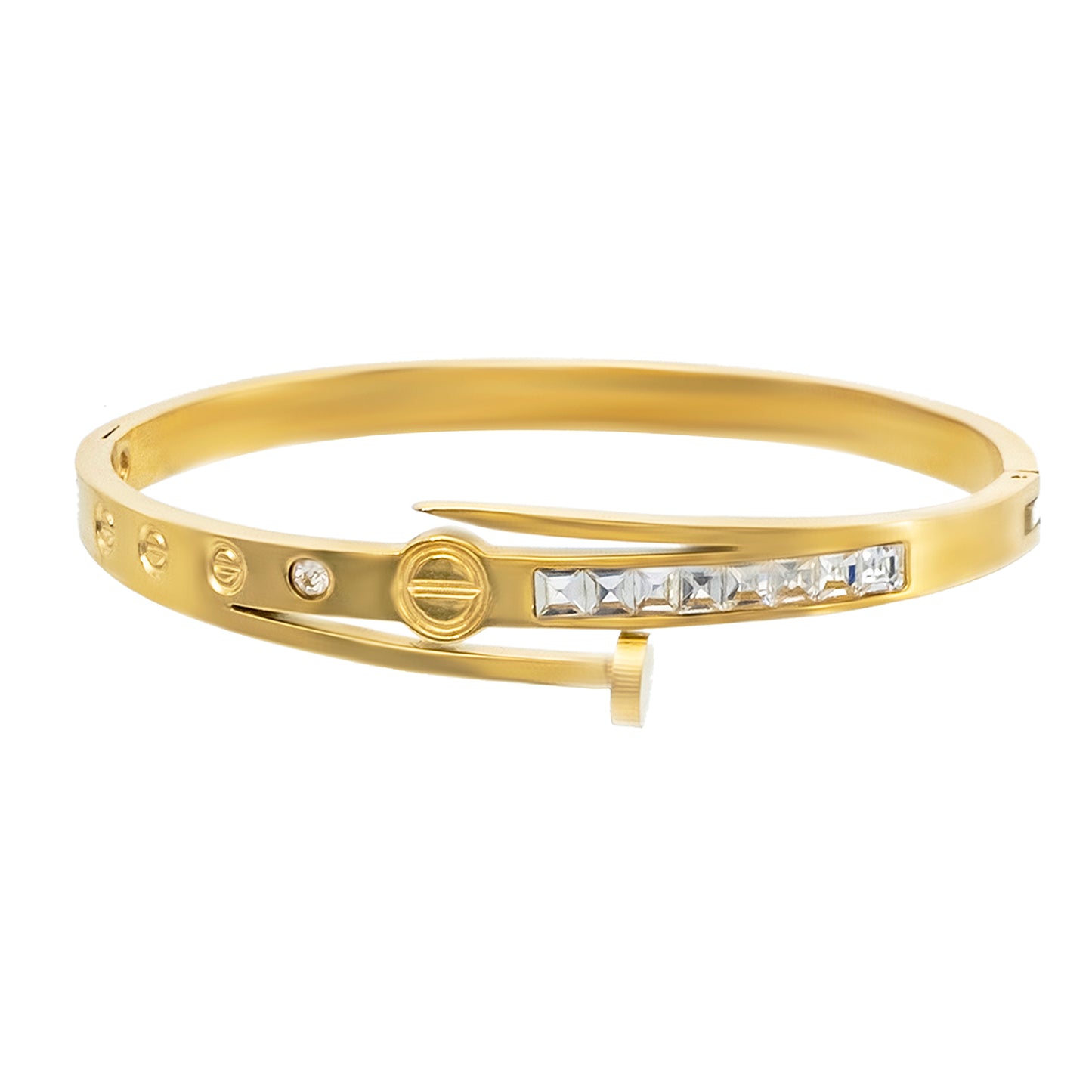 MOONDUST Gold Plated CZ and Crystal Hammer Neil Studded Western Style Freesize Bracelet Bangle for Women