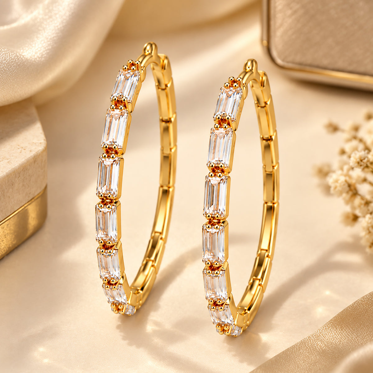 Moon Dust Gold Plated White CZ Studded Medium Sized Hoop Earrings for Women (MD_99_G)