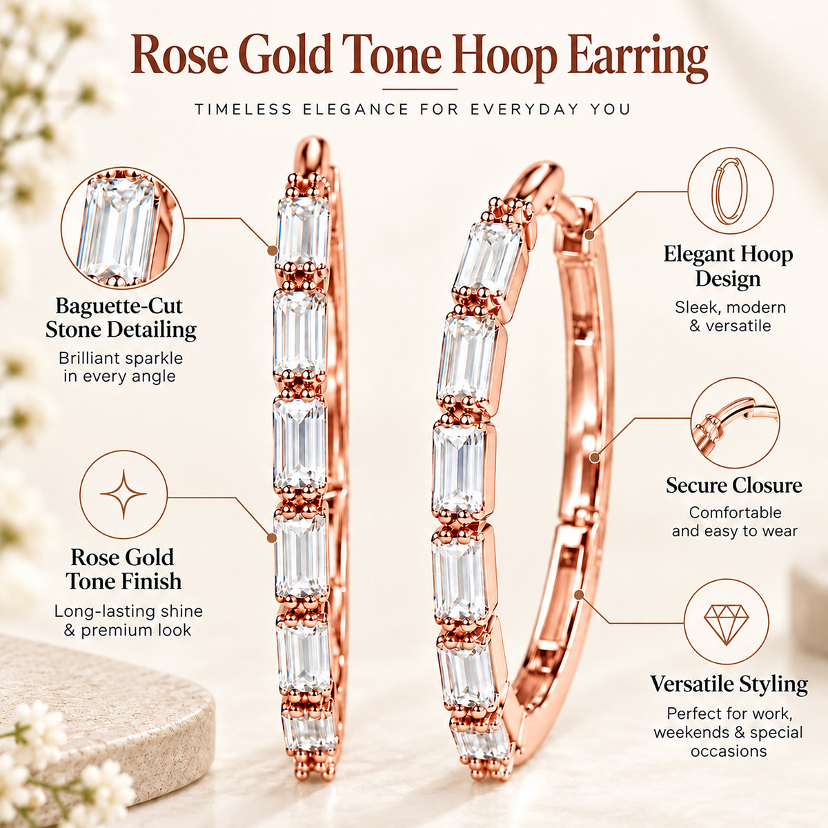 Moon Dust Rose Gold Plated White CZ Studded Medium Sized Hoop Earrings for Women (MD_99_RG)
