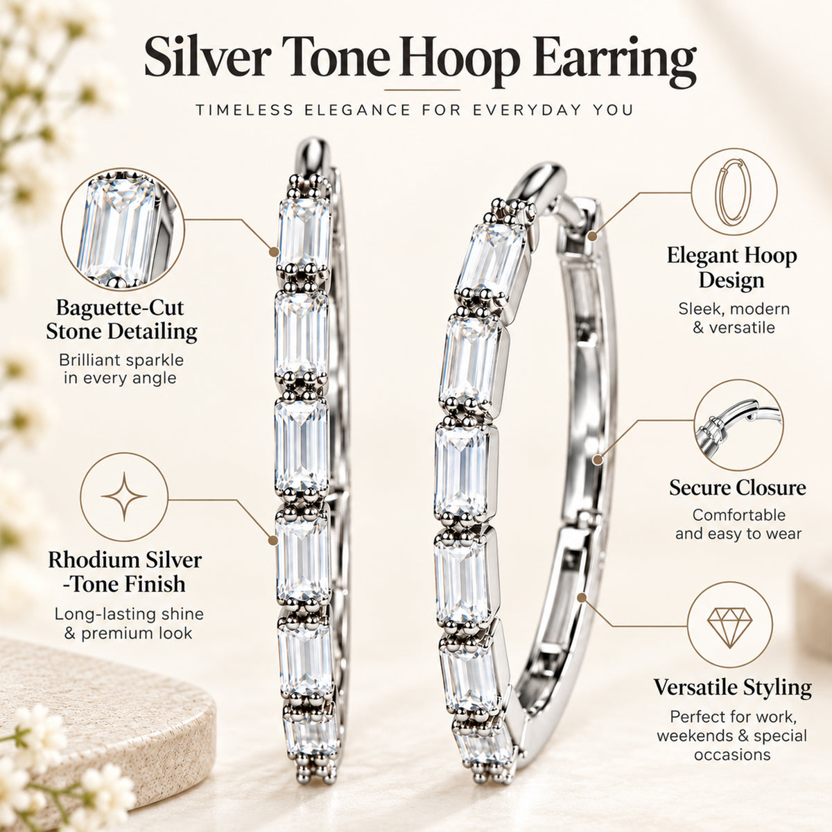 Moon Dust Silver Plated White CZ Studded Medium Sized Hoop Earrings for Women (MD_99_S)