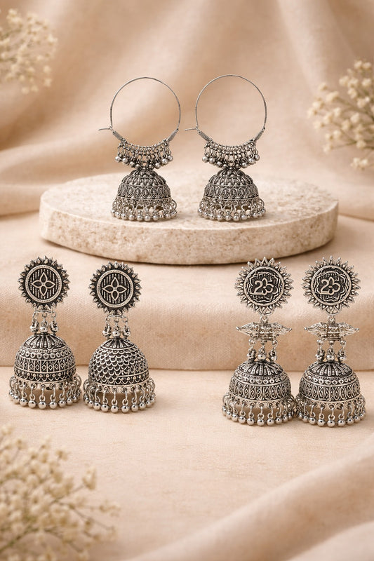 Set of 3 Traditional Oxidised Silver Jhumka Earrings Combo for Women. - SJEC_86