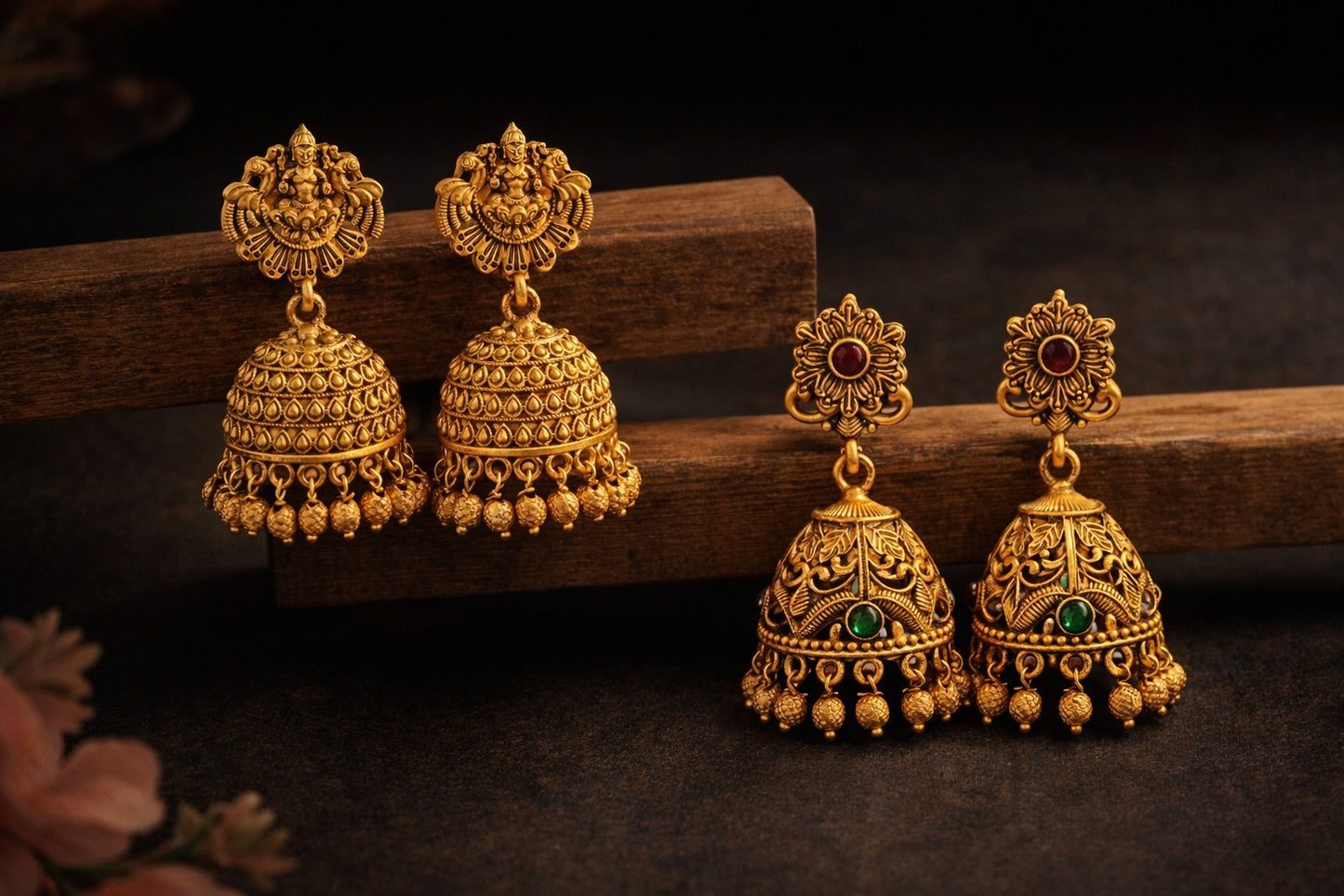 Temple Design Matte Gold Jhumka Earrings Combo (Set of 2) | Kundan & Pearl Traditional Bridal Jewellery for Women - SJEC_89