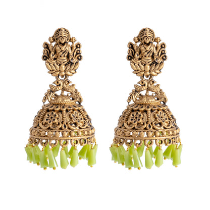 Traditional Indian Matte Gold Oxidised CZ Crystal Studded Temple Jhumka Earring For Women - Gold Maroon (SJE_100_G_M)