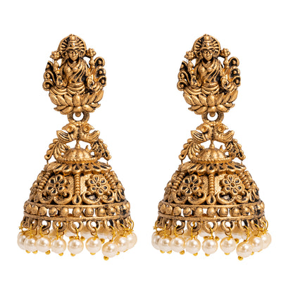 Traditional Indian Matte Gold Oxidised CZ Crystal Studded Temple Jhumka Earring For Women - Gold Maroon (SJE_100_G_M)