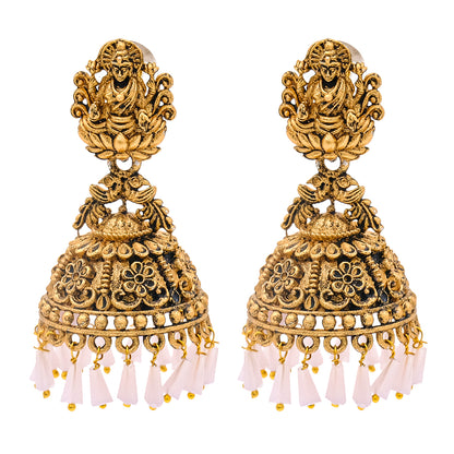 Traditional Indian Matte Gold Oxidised CZ Crystal Studded Temple Jhumka Earring For Women - Gold Maroon (SJE_100_G_M)