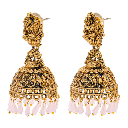 Traditional Indian Matte Gold Oxidised CZ Crystal Studded Temple Jhumka Earring For Women - Gold Maroon (SJE_100_G_M)