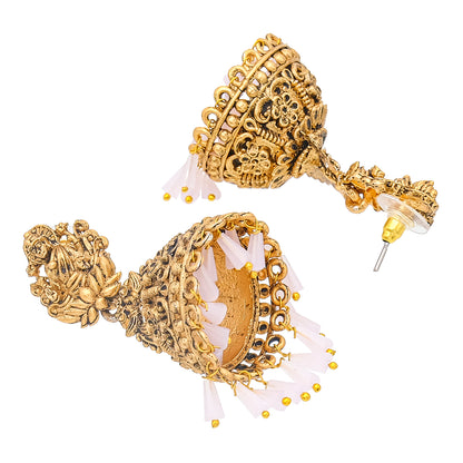 Traditional Indian Matte Gold Oxidised CZ Crystal Studded Temple Jhumka Earring For Women - Gold Maroon (SJE_100_G_M)