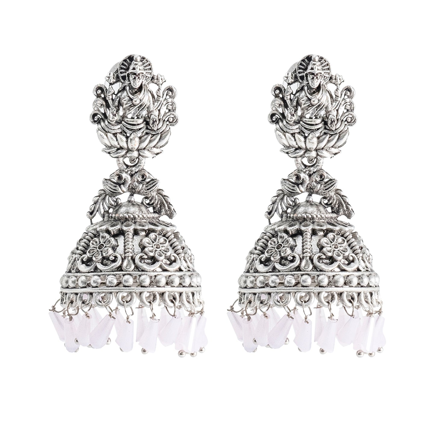 Traditional Indian Matte Silver Oxidised CZ Crystal Studded Temple Jhumka Earring For Women - Silver Maroon (SJE_100_S_M)