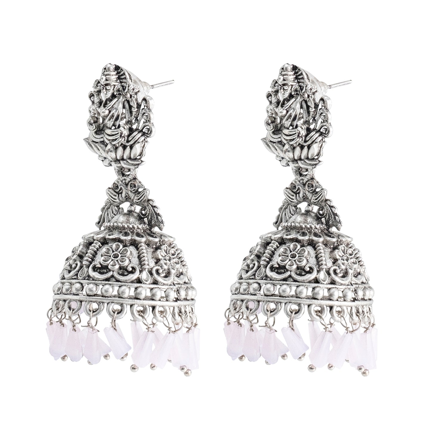 Traditional Indian Matte Silver Oxidised CZ Crystal Studded Temple Jhumka Earring For Women - Silver Maroon (SJE_100_S_M)