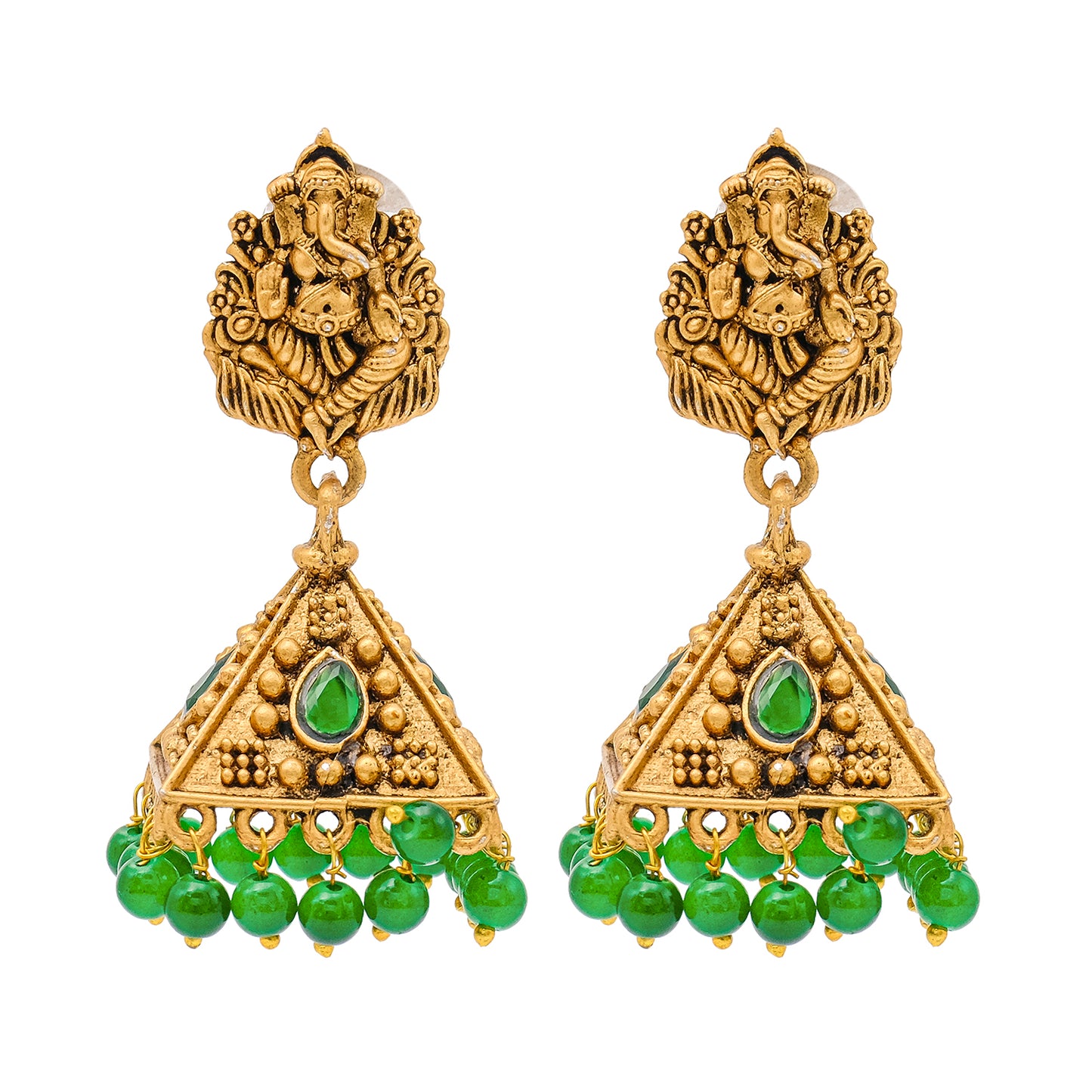 Traditional Indian Matte Gold Oxidised CZ Crystal Studded Temple Jhumka Earring For Women - Gold Ruby Green (SJE_101_G_R_G)