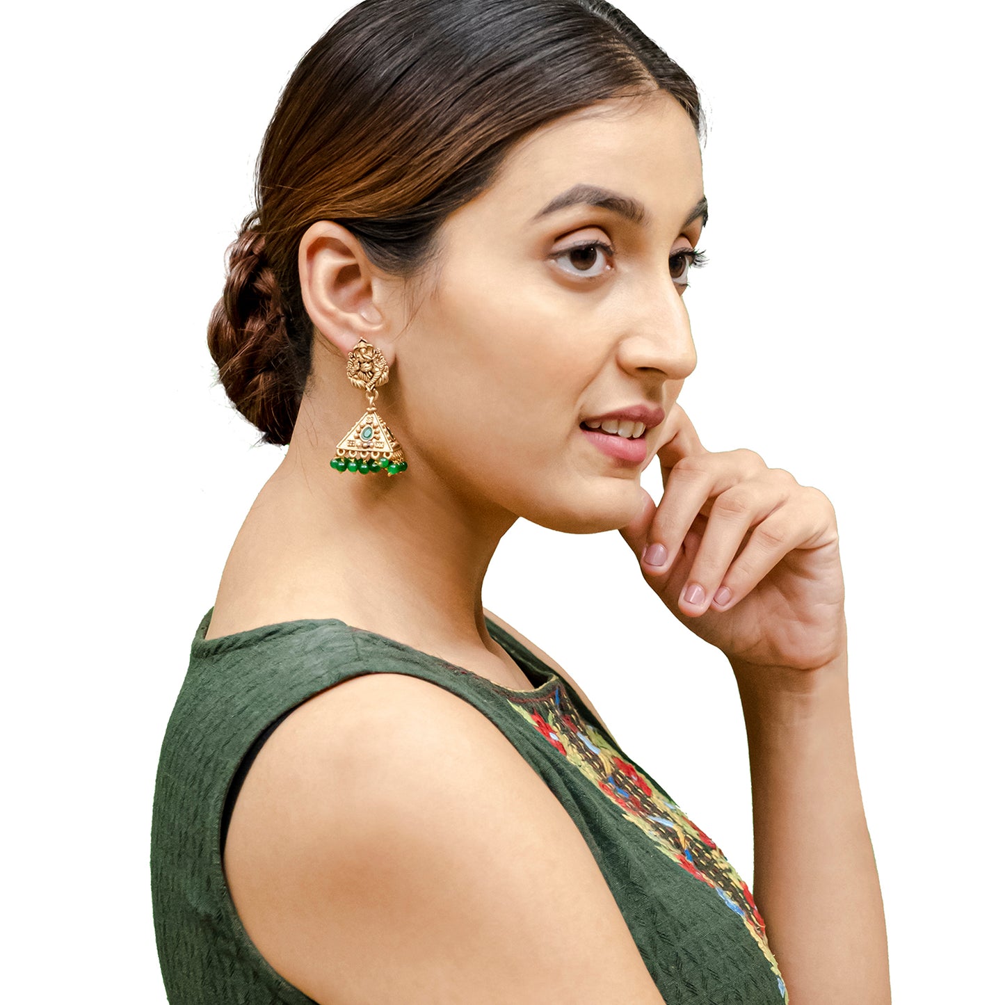 Traditional Indian Matte Gold Oxidised CZ Crystal Studded Temple Jhumka Earring For Women - Gold Ruby Green (SJE_101_G_R_G)