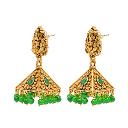 Traditional Indian Matte Gold Oxidised CZ Crystal Studded Temple Jhumka Earring For Women - Gold Ruby Green (SJE_101_G_R_G)