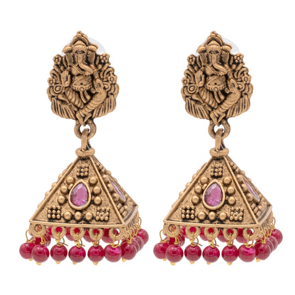 Traditional Indian Matte Gold Oxidised CZ Crystal Studded Temple Jhumka Earring For Women - Gold Ruby Green (SJE_101_G_R_G)