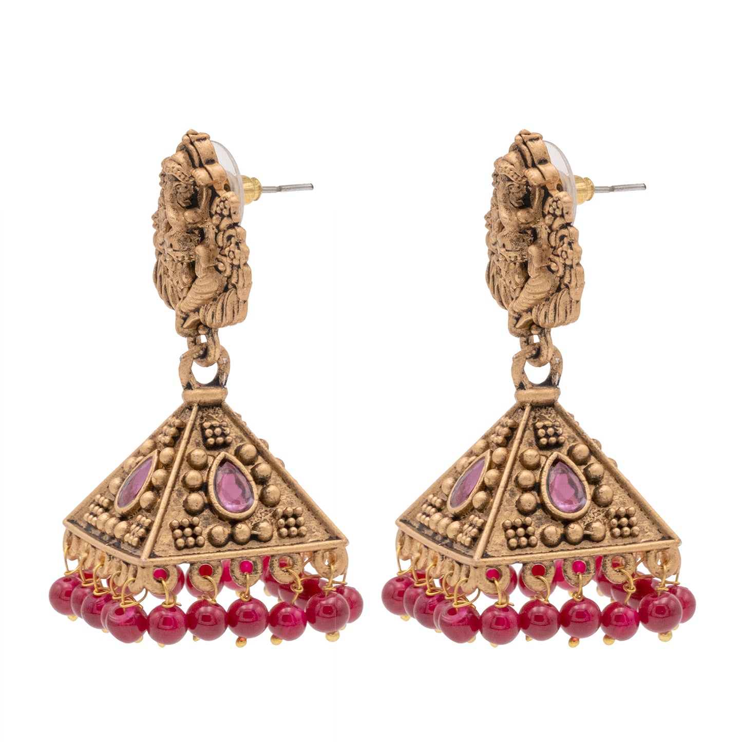 Traditional Indian Matte Gold Oxidised CZ Crystal Studded Temple Jhumka Earring For Women - Gold Ruby Green (SJE_101_G_R_G)