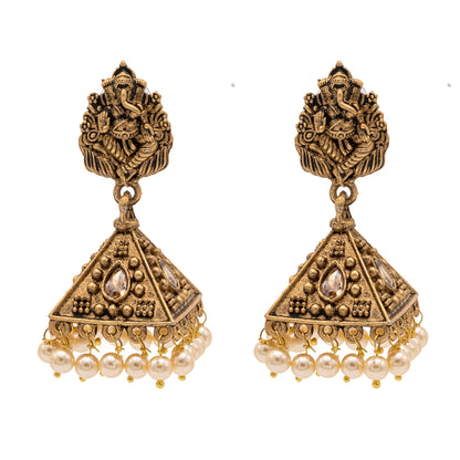 Traditional Indian Matte Gold Oxidised CZ Crystal Studded Temple Jhumka Earring For Women - Gold Ruby Green (SJE_101_G_R_G)