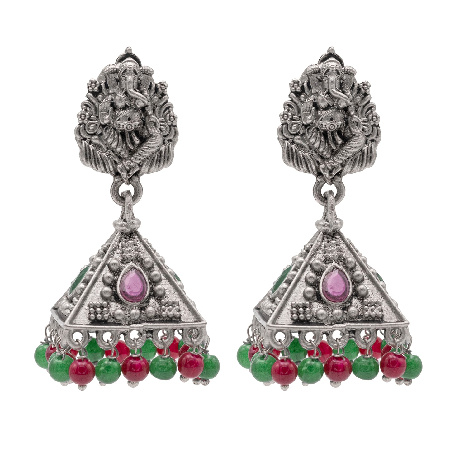 Traditional Indian Matte Silver Oxidised CZ Crystal Studded Temple Jhumka Earring For Women - Silver  White (SJE_101_S_W)