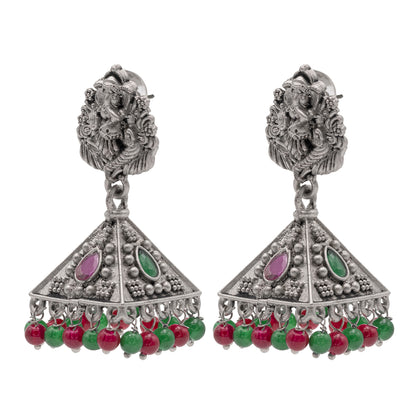 Traditional Indian Matte Silver Oxidised CZ Crystal Studded Temple Jhumka Earring For Women - Silver  White (SJE_101_S_W)