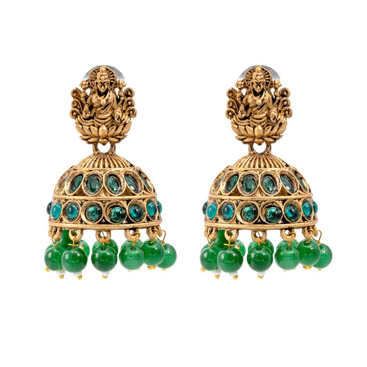 Shining Jewel Traditional Indian Matte Gold Oxidised CZ, Crystal Studded Temple Jhumka Earring For Women - Gold Green (SJE_102_G_G)