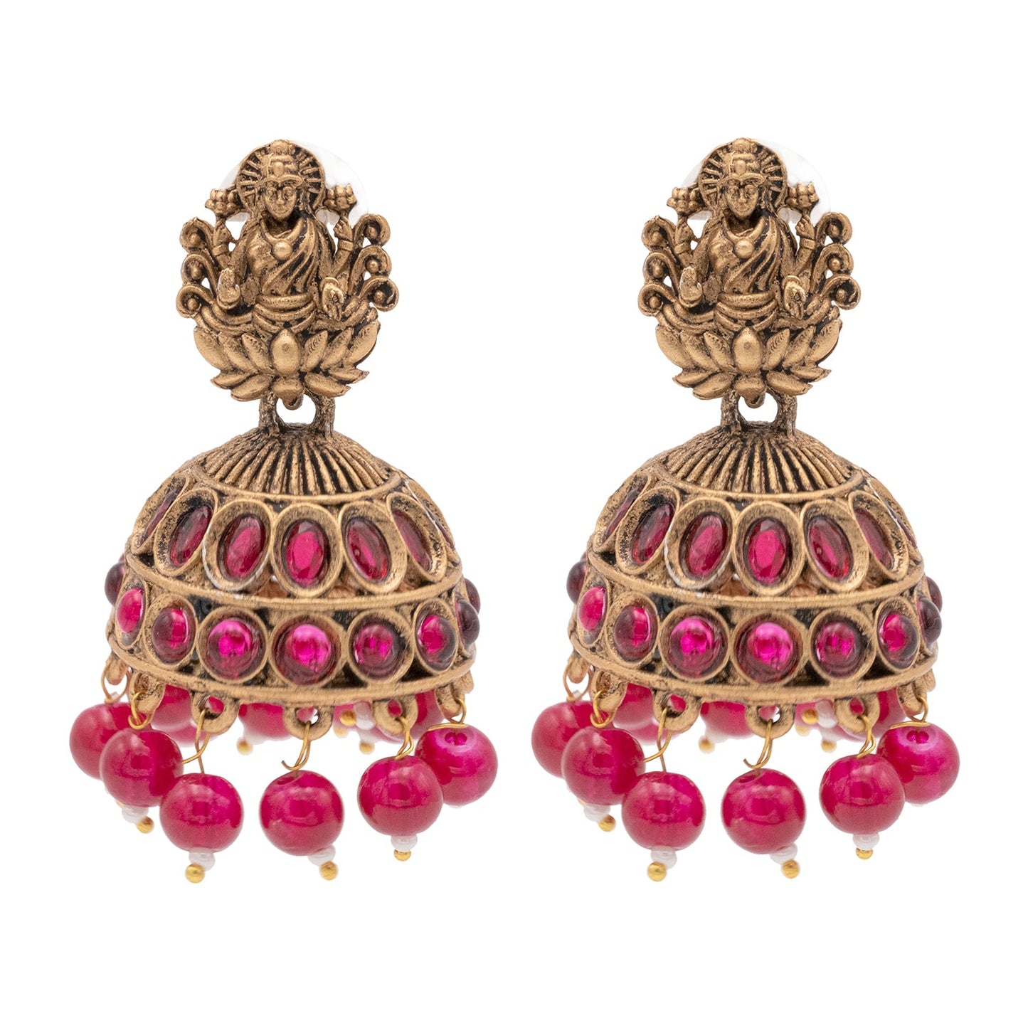 Shining Jewel Traditional Indian Matte Gold Oxidised CZ, Crystal Studded Temple Jhumka Earring For Women - Gold Maroon (SJE_102_G_M)