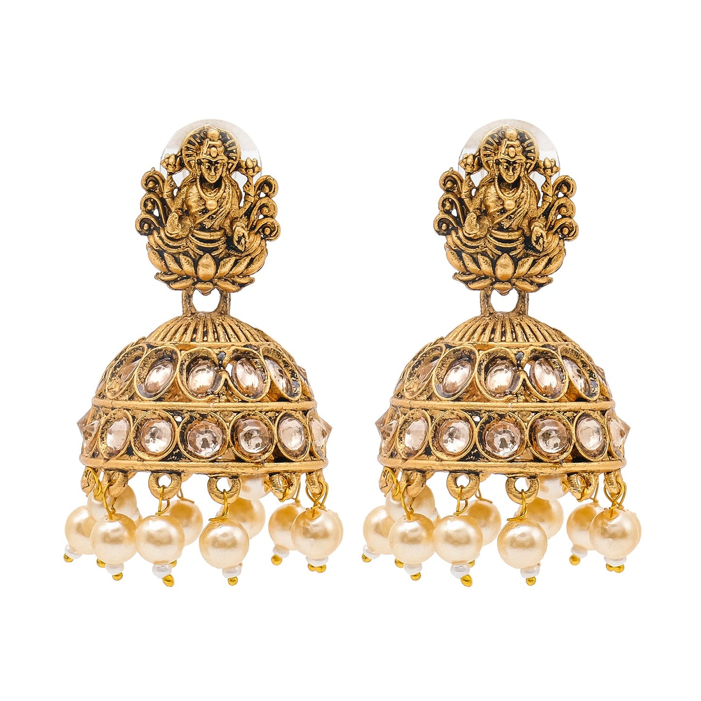 Shining Jewel Traditional Indian Matte Gold Oxidised CZ, Crystal Studded Temple Jhumka Earring For Women - Gold White (SJE_102_G_W)